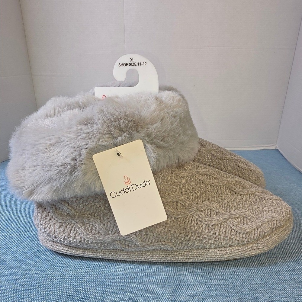 Cuddl Duds Womens Cable Knit Faux Fur Slipper Boots Light Grey XL 11-12 NEW
